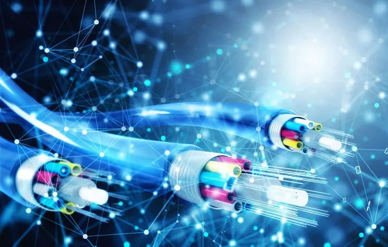 Cabos de fibra ótica com feixes de luz