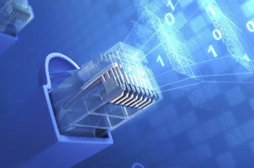 Ficha de rede RJ45 com um cadeado, sobre fundo azul