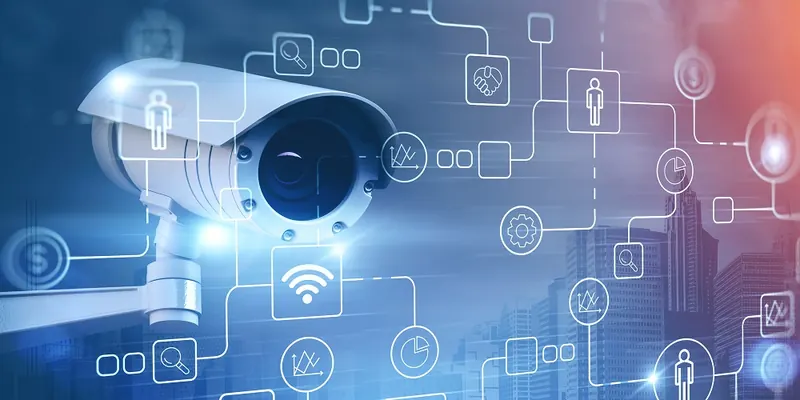 Câmara de videovigilância com ícones de rede