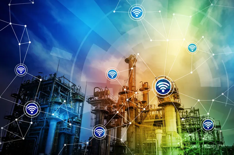 Instalação industrial com ícones de rede sem fios